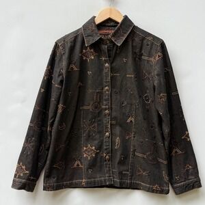 Chico's Womens‎ 1 Medium Brown Native Southwest Embellished Denim Shacket Jacket